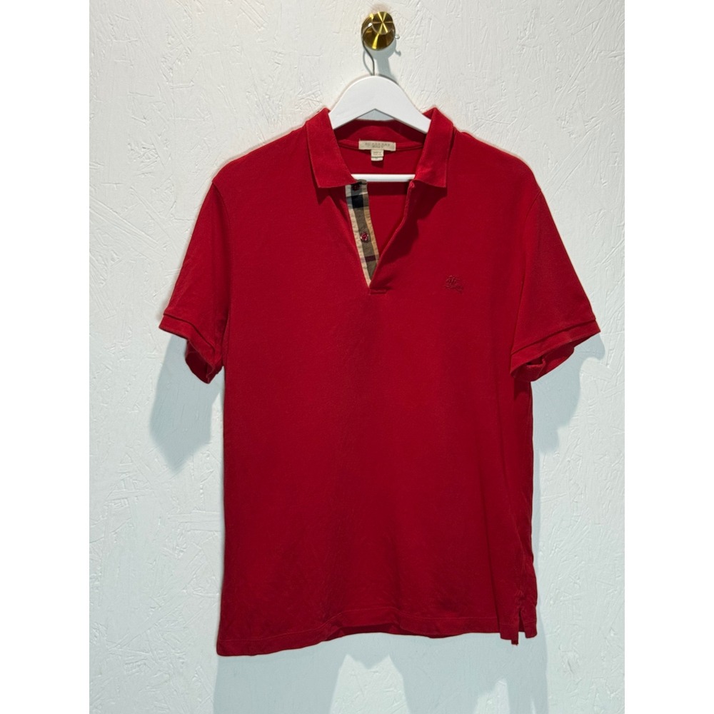 Burberry Brit Mens Red Cotton Pique Polo Shirt Nova Check Placket Size M